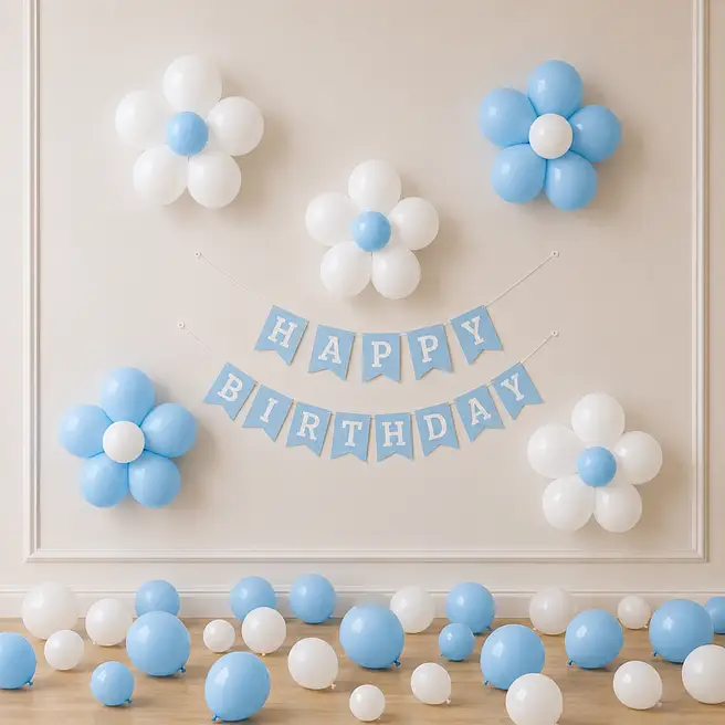 Blue and white balloon flower birthday decoration with Happy Birthday banner