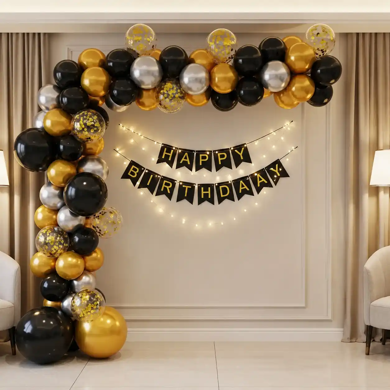 Black and golden indoor birthday decoration with balloon garland.