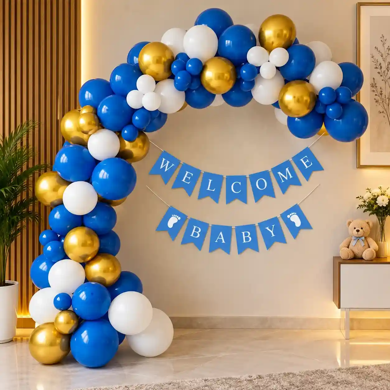 Blue, White and Gold Welcome Baby Balloon Arch Decoration