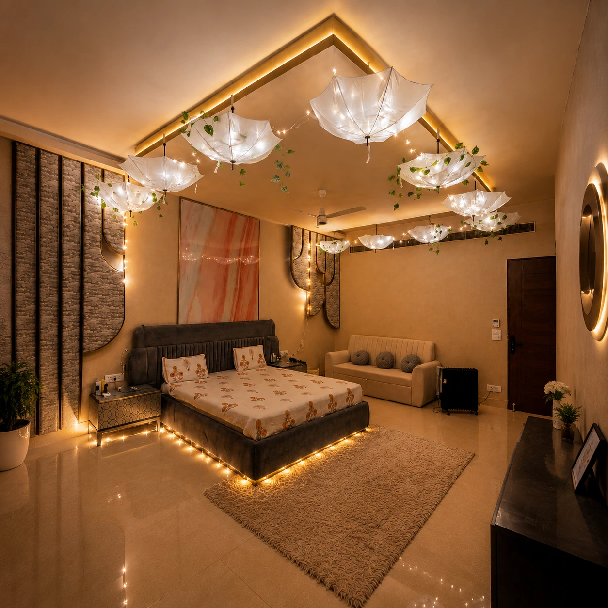 Elegant bedroom decoration with white umbrella canopies, warm fairy lights, hanging green leaves, soft ambient lighting and romantic room styling.