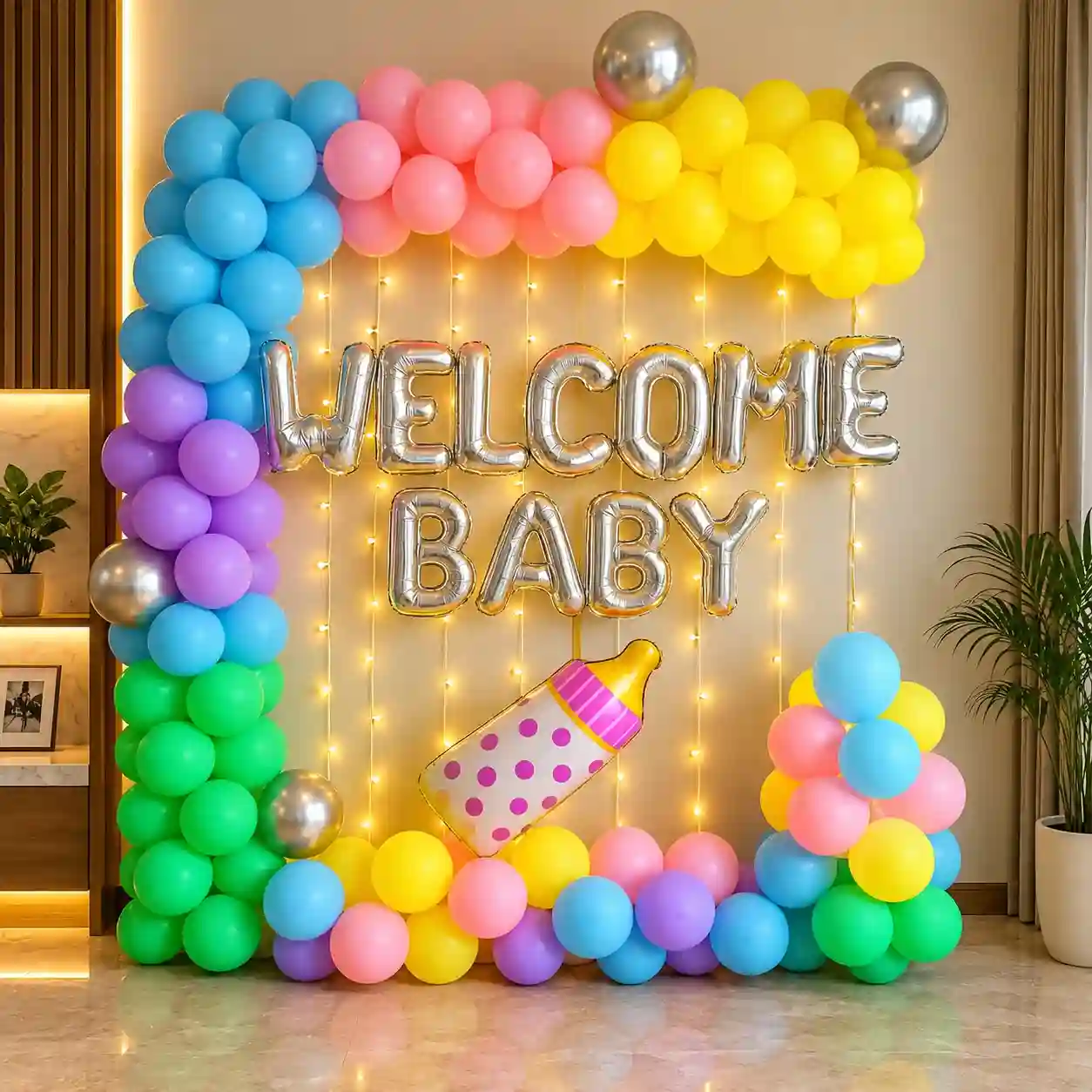 Multi-colour rainbow theme Welcome Baby balloon decoration