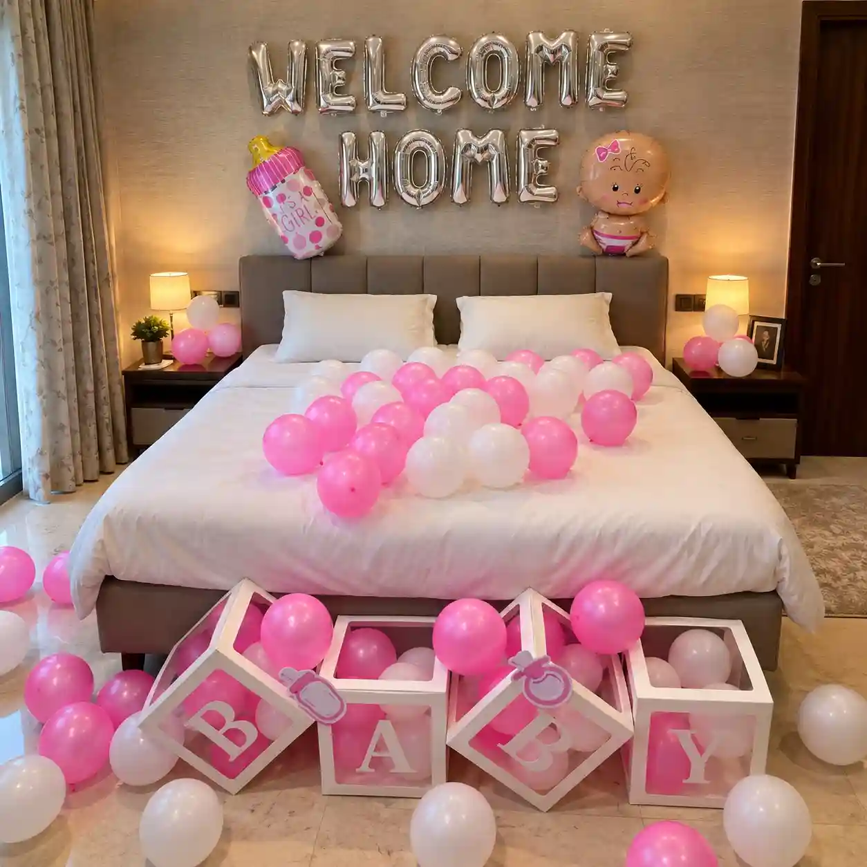 Pink and white welcome baby room decoration with baby balloons and BABY blocks