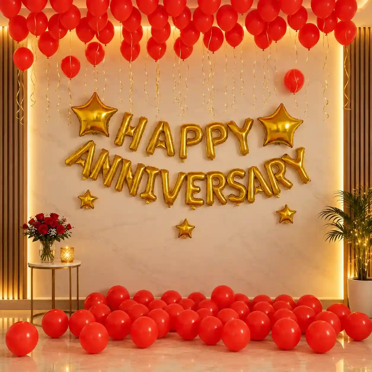 Red and Gold Anniversary Decoration with Balloons