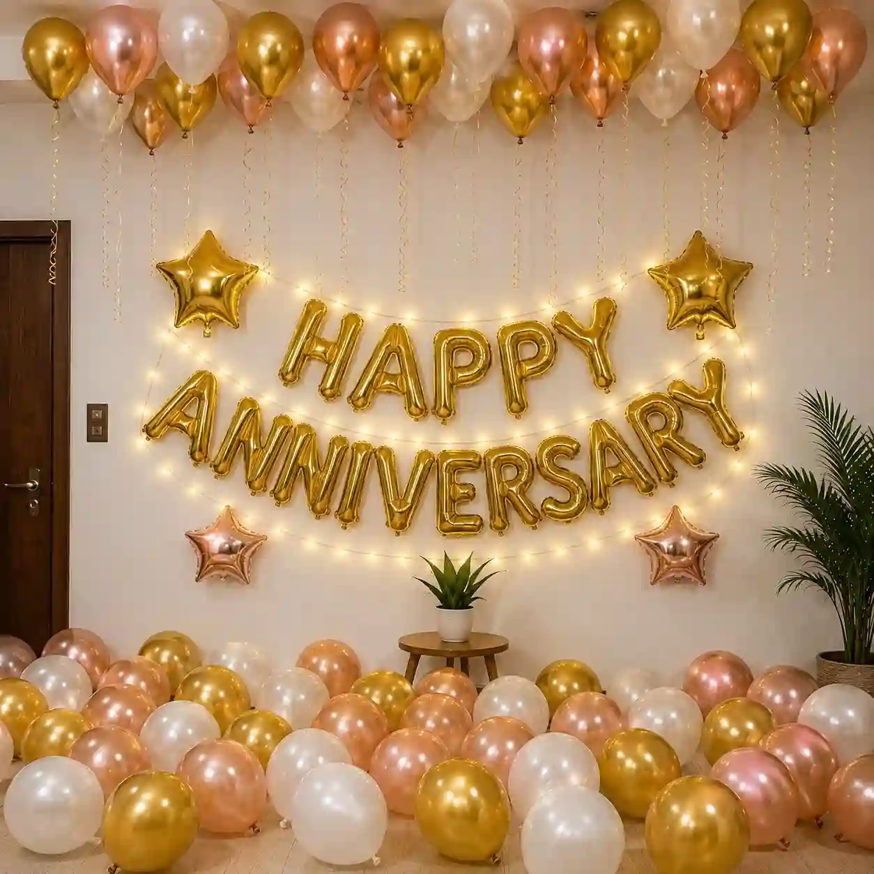 Rose gold and golden indoor anniversary decoration with balloons, star balloons and Happy Anniversary foil letters