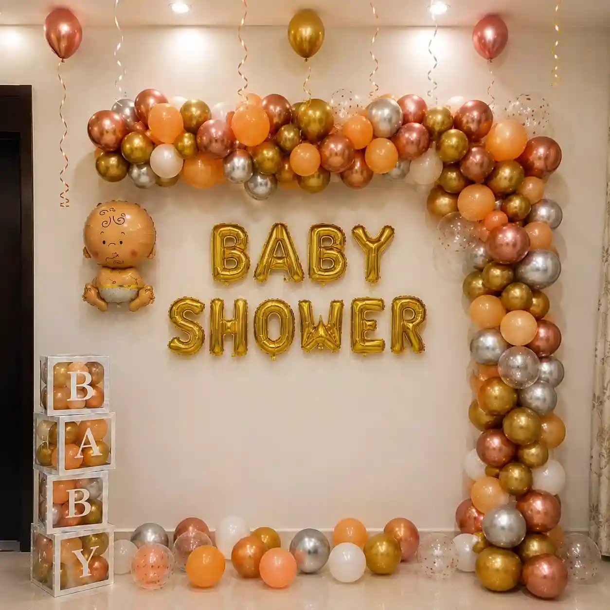 Rose gold, gold and silver balloon baby shower decoration with baby shower foil letters