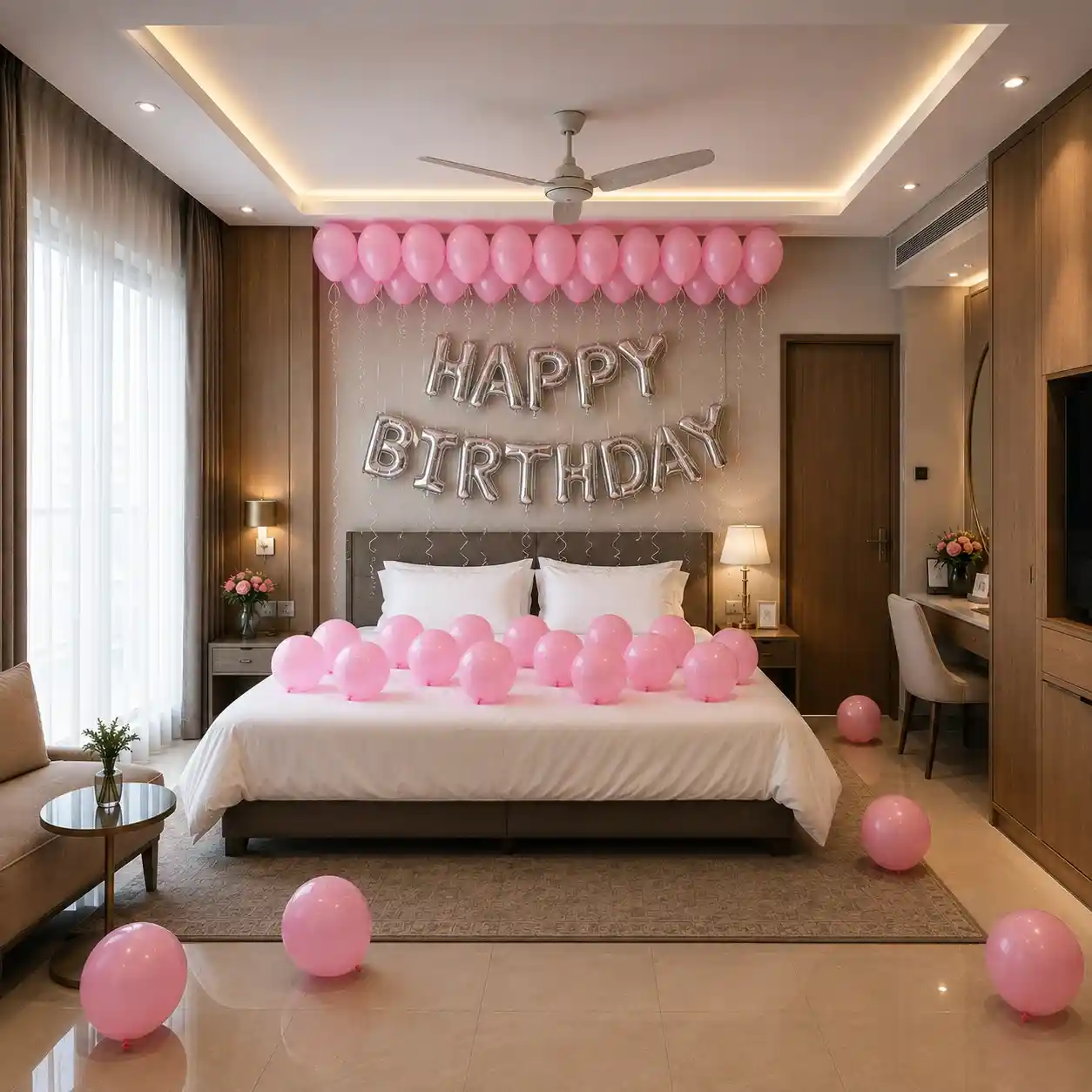 Pink birthday balloon decoration in a modern bedroom with silver Happy Birthday foil balloons