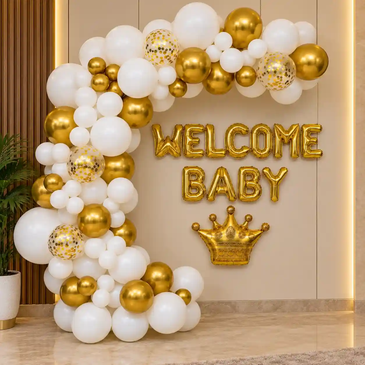 White and Gold Welcome Baby Balloon Decoration with Organic Arch