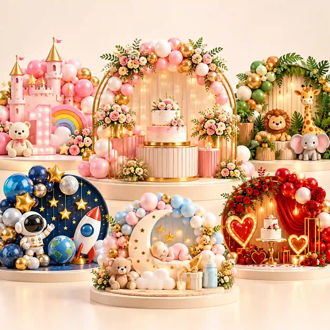 Variety of themed party decorations featuring a princess castle, jungle safari, space theme, baby celebration and romantic anniversary setup