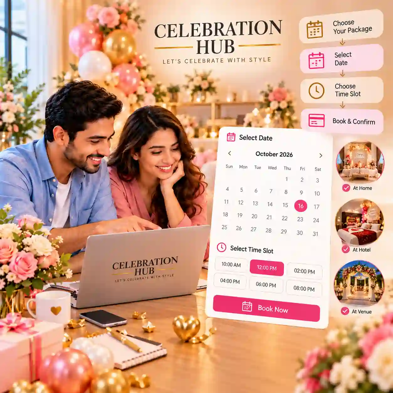 Couple selecting a decoration package, booking date and time slot for a celebration with Celebration Hub
