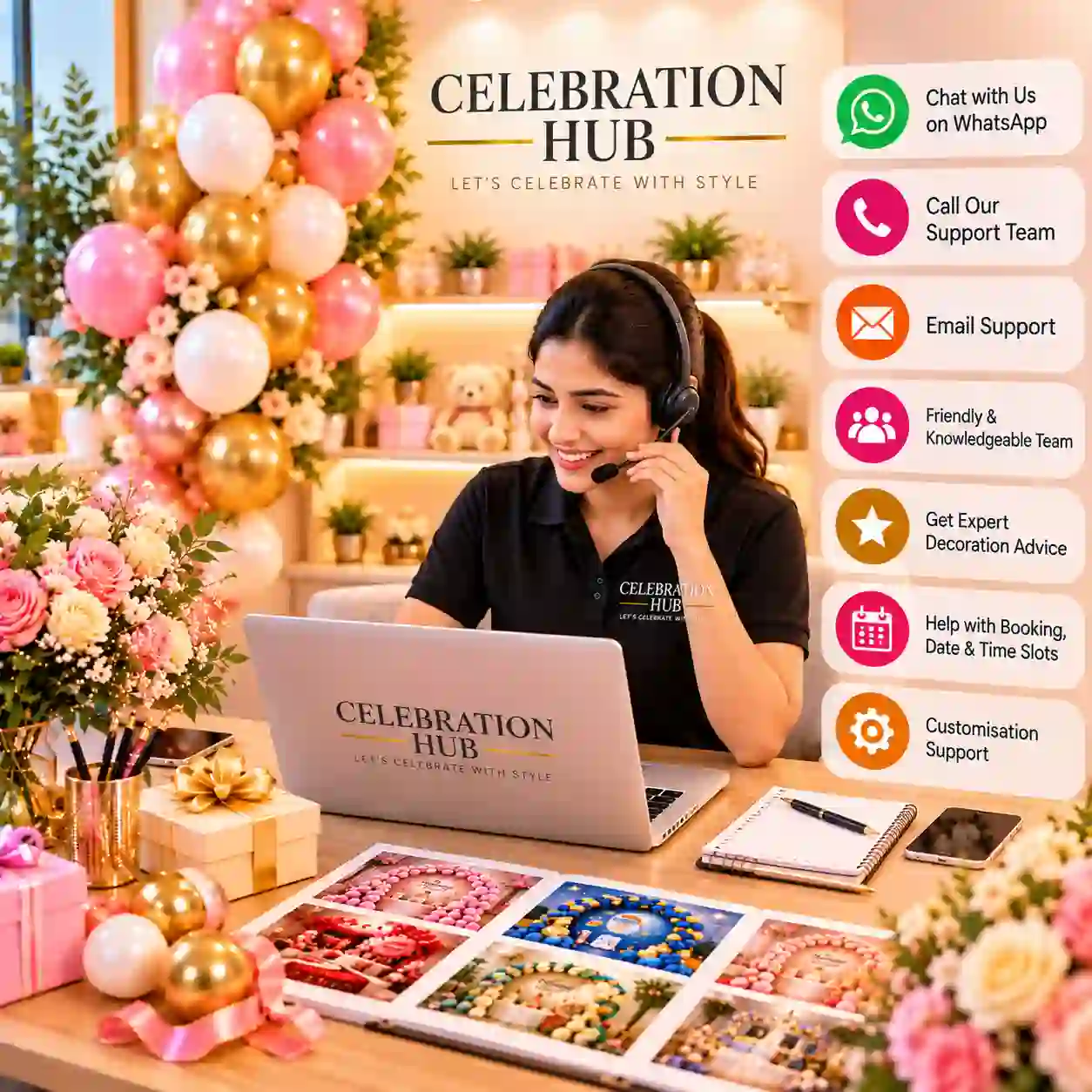 Celebration Hub customer support representative assisting customers by laptop and headset