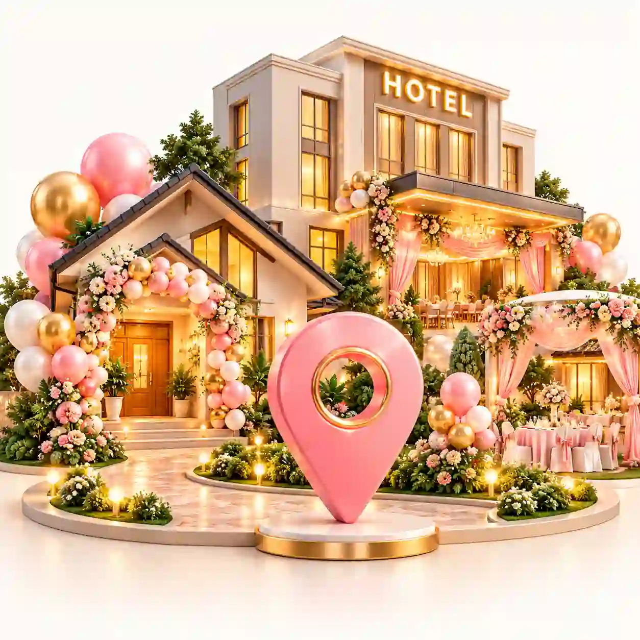 House and hotel decorated with balloons and flowers for celebrations, with a location pin