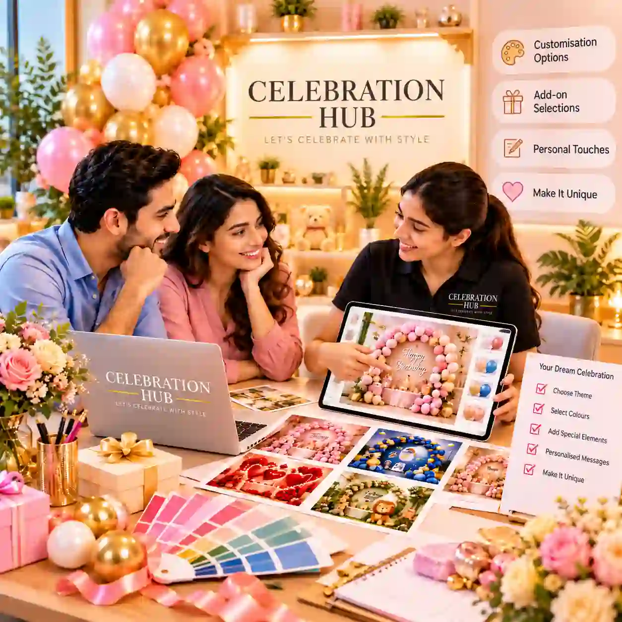 Personalised celebration planning with custom decoration themes, colour choices, add-ons and special touches